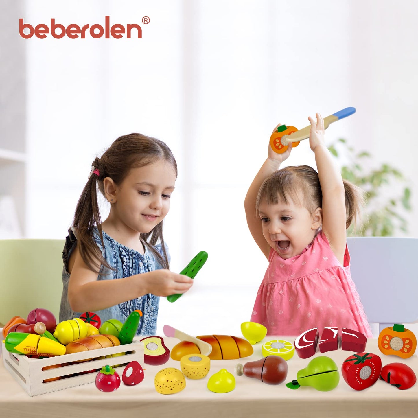 Beberolen Wooden Play Food Sets for Kids – Realistic Cutting Fruit & Pretend Kitchen Toys