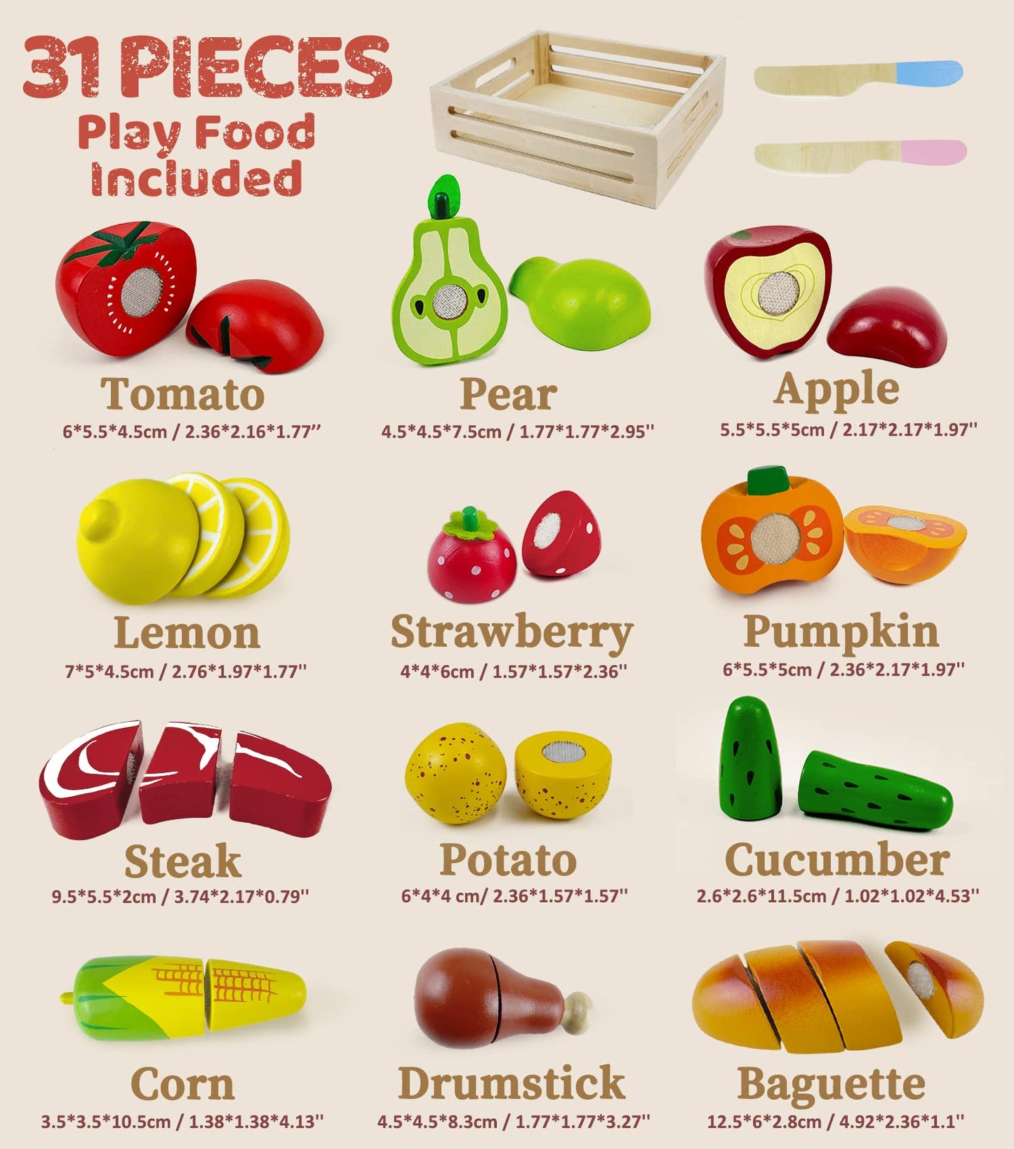 Beberolen Wooden Play Food Sets for Kids – Realistic Cutting Fruit & Pretend Kitchen Toys