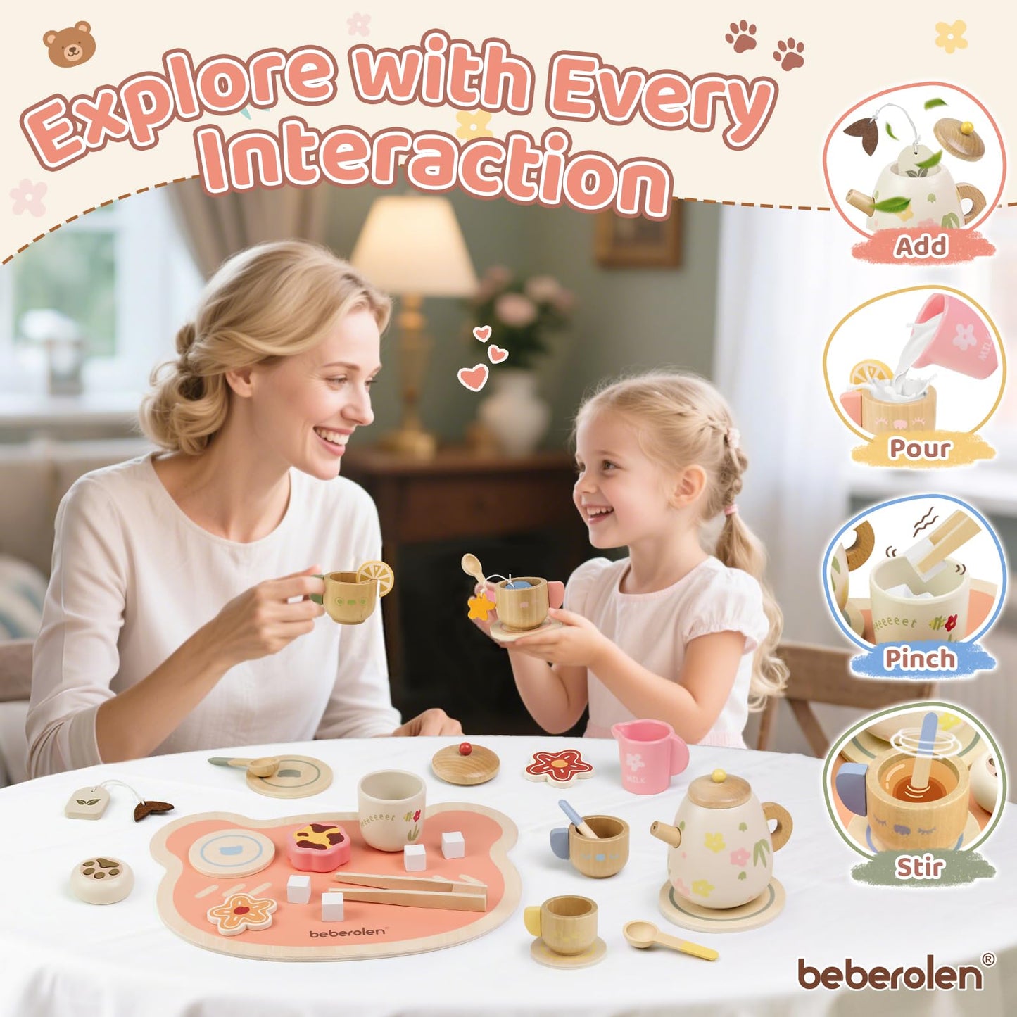 Beberolen Tea Party Set for Toddlers 2-6 | Wooden Bear-Themed Pretend Play Gift