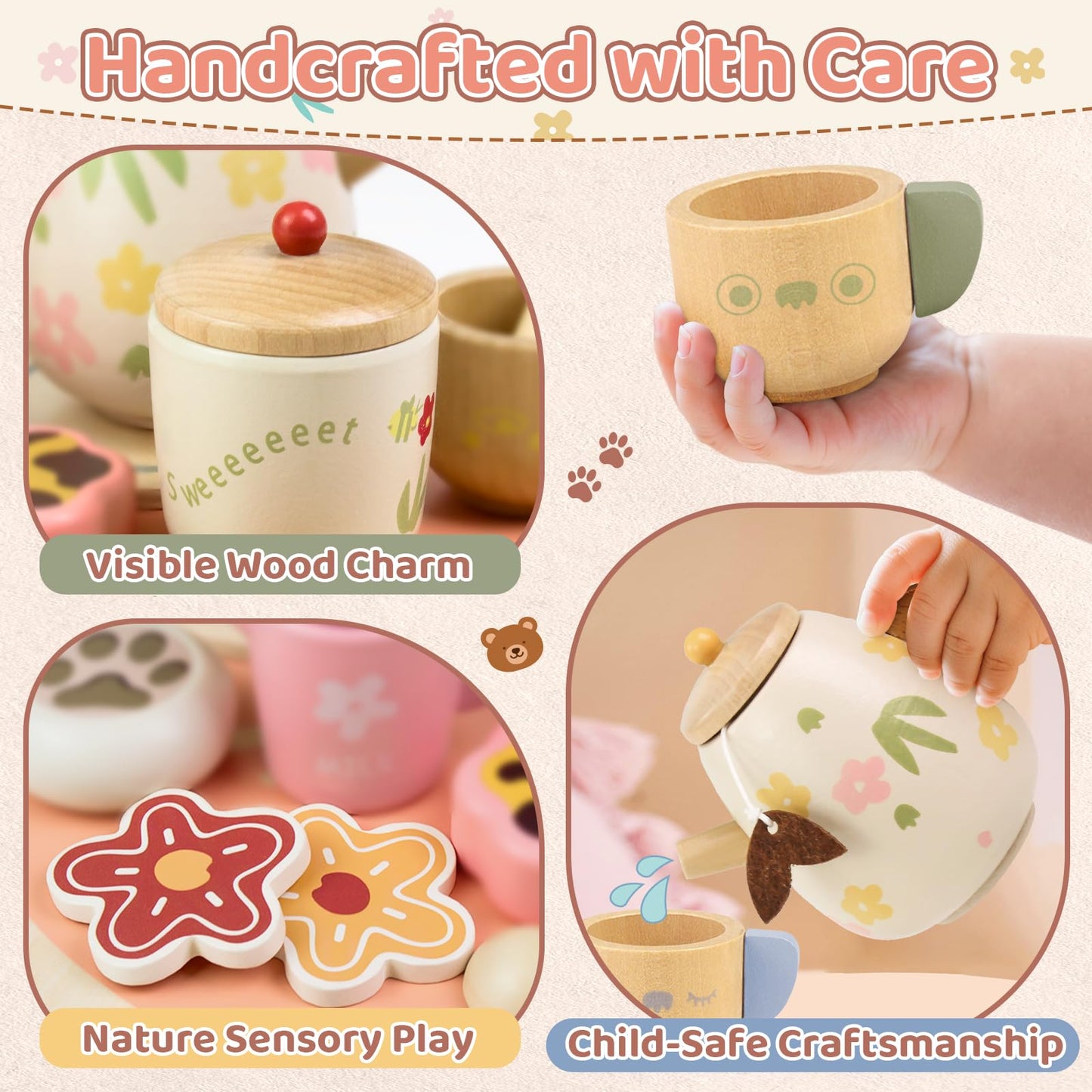 Beberolen Tea Party Set for Toddlers 2-6 | Wooden Bear-Themed Pretend Play Gift