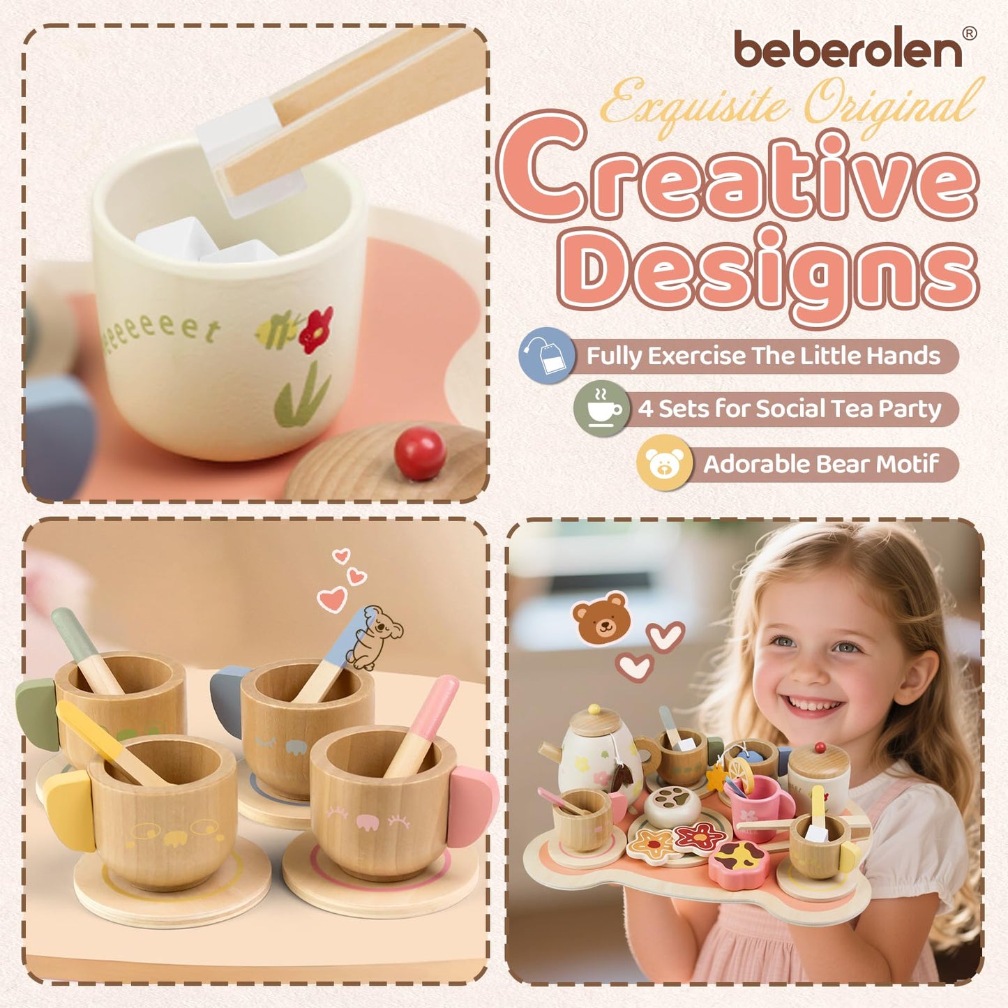 Beberolen Tea Party Set for Toddlers 2-6 | Wooden Bear-Themed Pretend Play Gift