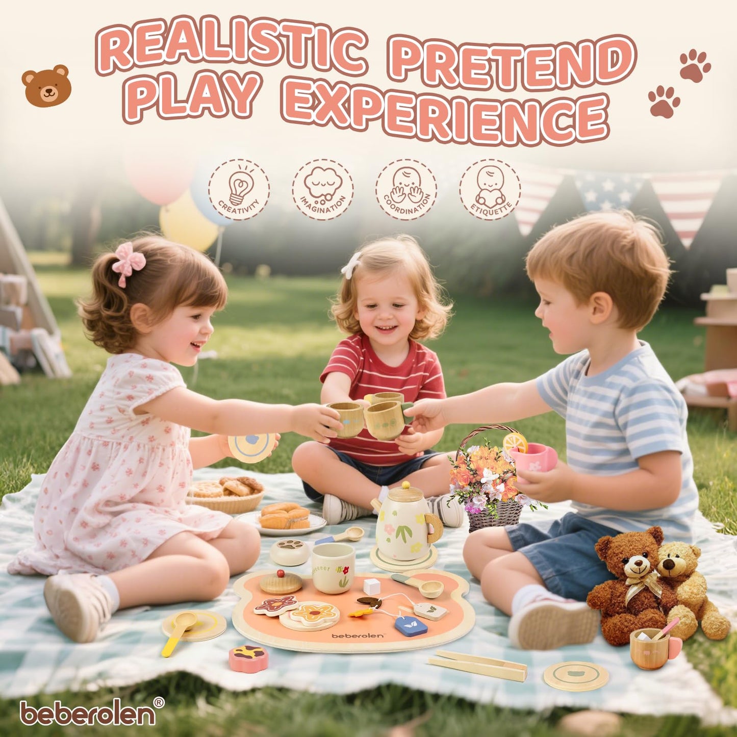 Beberolen Tea Party Set for Toddlers 2-6 | Wooden Bear-Themed Pretend Play Gift