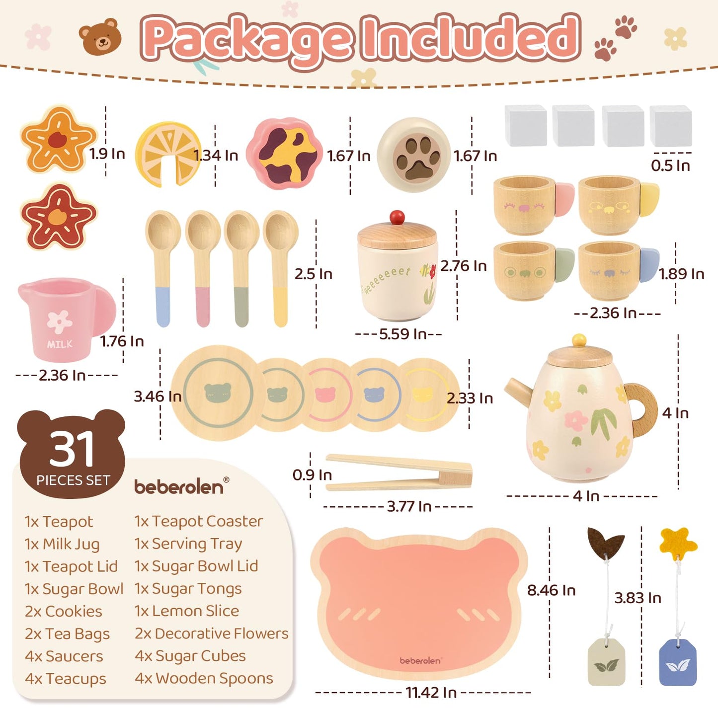 Beberolen Tea Party Set for Toddlers 2-6 | Wooden Bear-Themed Pretend Play Gift