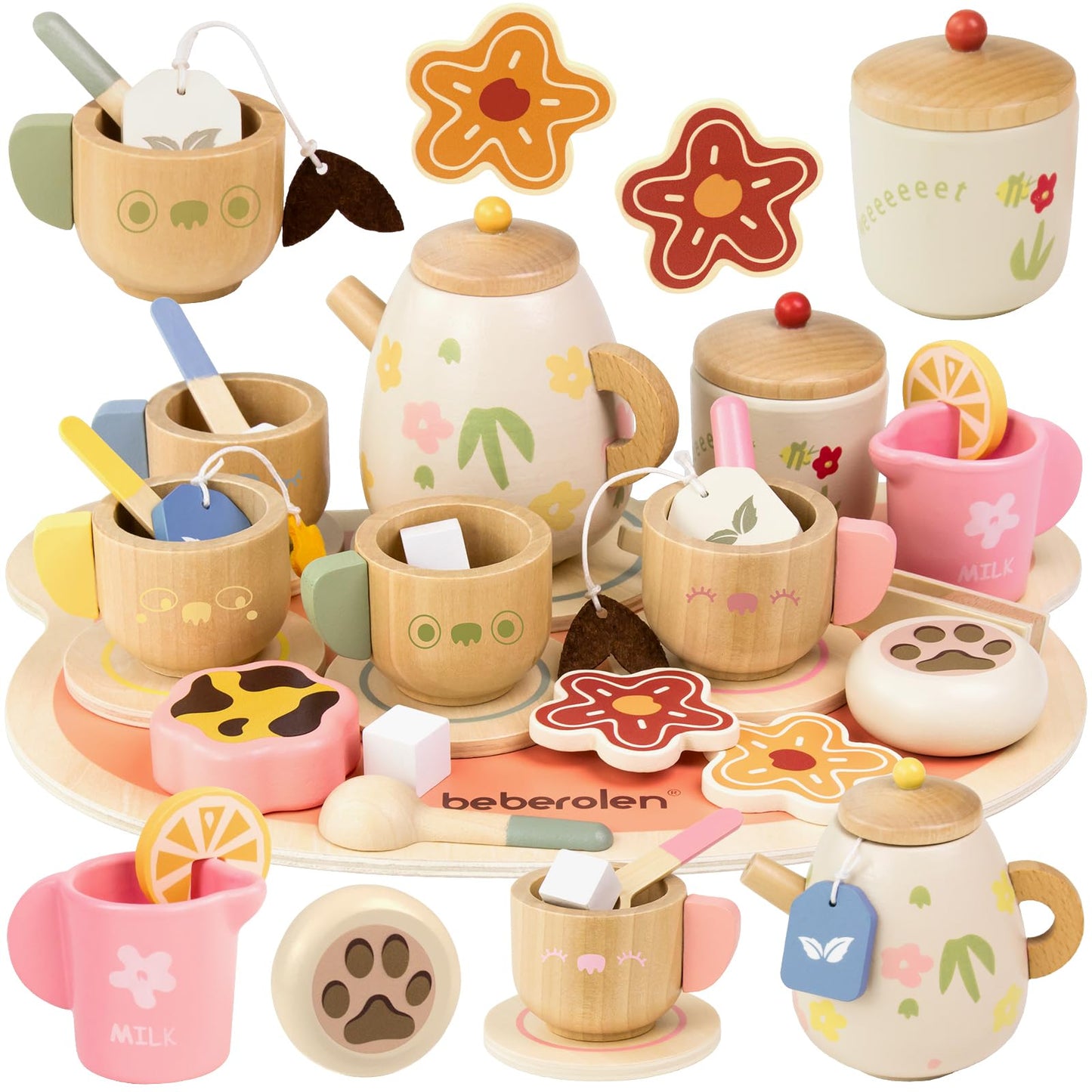 Beberolen Tea Party Set for Toddlers 2-6 | Wooden Bear-Themed Pretend Play Gift
