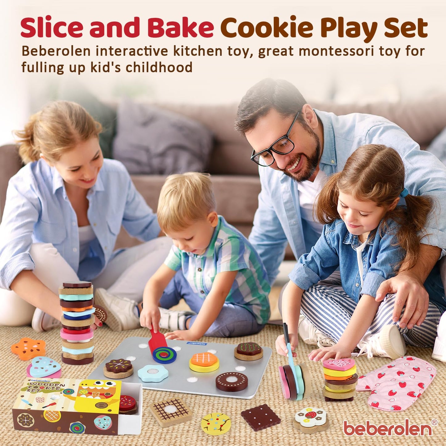 Beberolen Wooden Cookie Play Food Set – Pretend Kitchen Toys for Toddlers 1-3