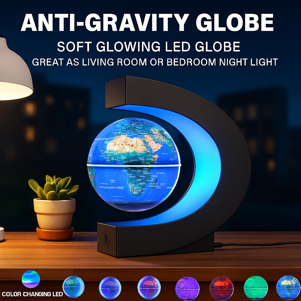 BEBEVOGUE Magnetic Levitating Globe with 7-Color LED Lights | 360° Rotating Floating World Map Lamp