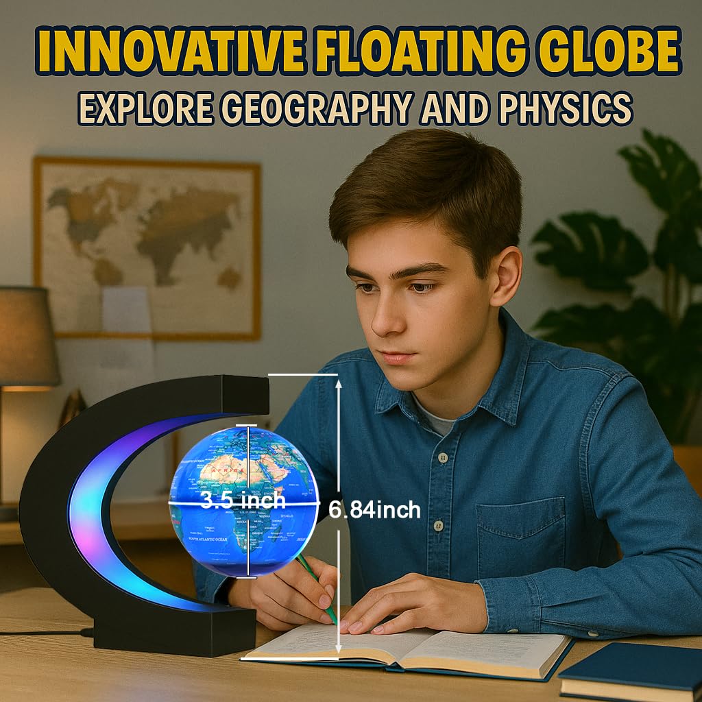 BEBEVOGUE Magnetic Levitating Globe with 7-Color LED Lights | 360° Rotating Floating World Map Lamp