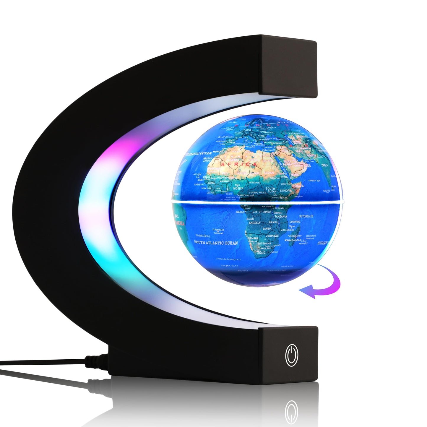 BEBEVOGUE Magnetic Levitating Globe with 7-Color LED Lights | 360° Rotating Floating World Map Lamp