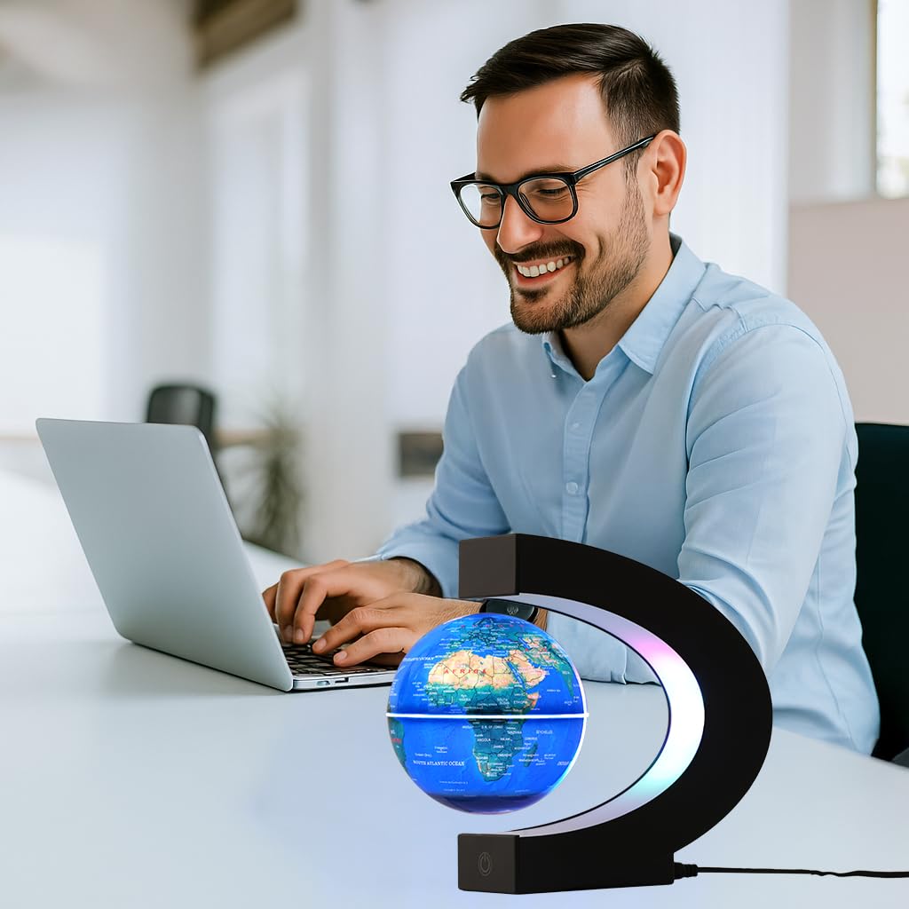 BEBEVOGUE Magnetic Levitating Globe with 7-Color LED Lights | 360° Rotating Floating World Map Lamp