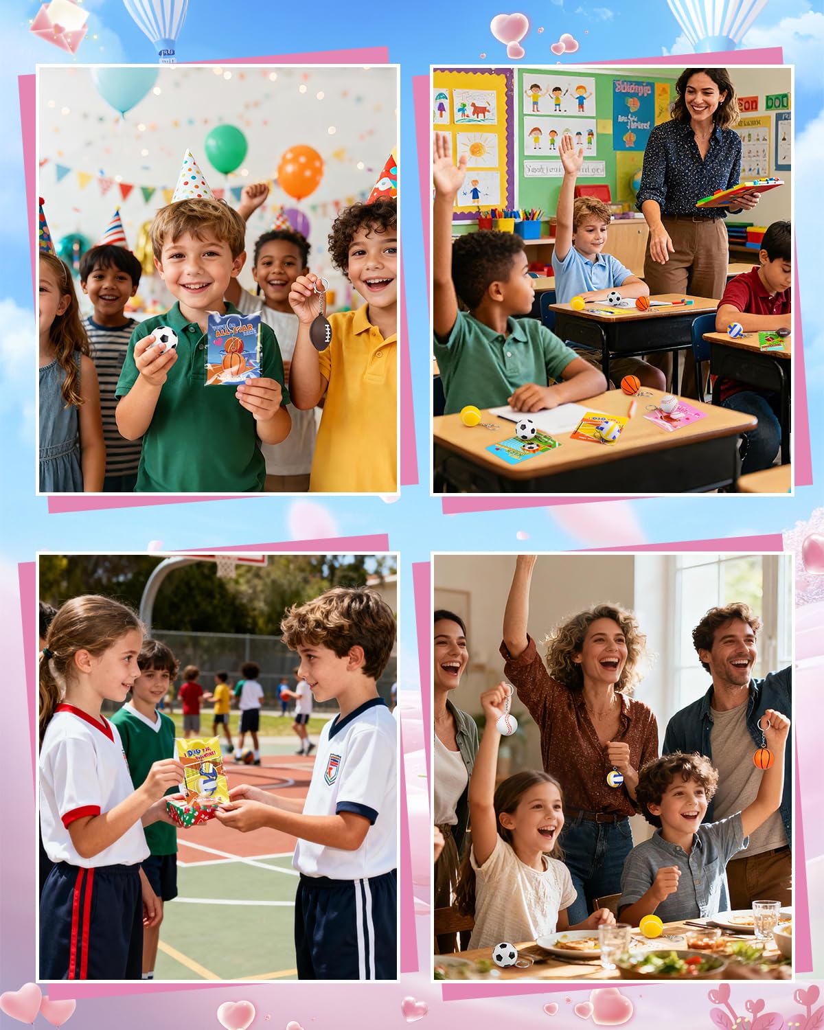 BebouToye Valentines Day Sports Cards & Stress Ball Keychains – 24 Pack for Classroom Exchanges