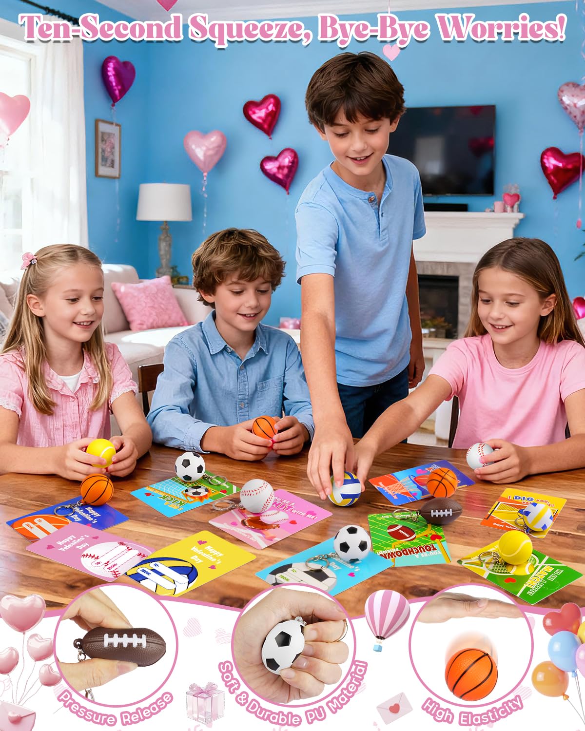 BebouToye Valentines Day Sports Cards & Stress Ball Keychains – 24 Pack for Classroom Exchanges