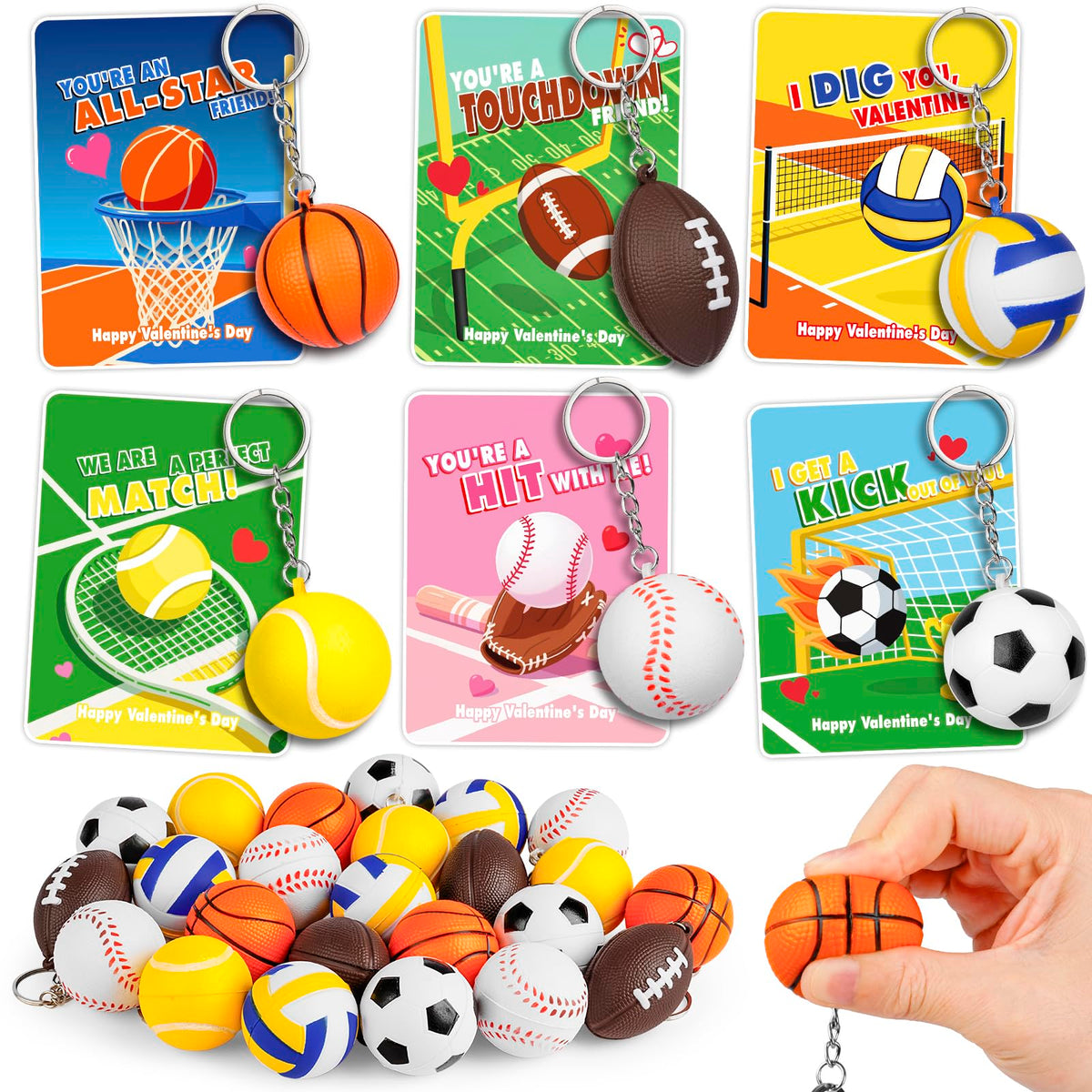 BebouToye Valentines Day Sports Cards & Stress Ball Keychains – 24 Pack for Classroom Exchanges