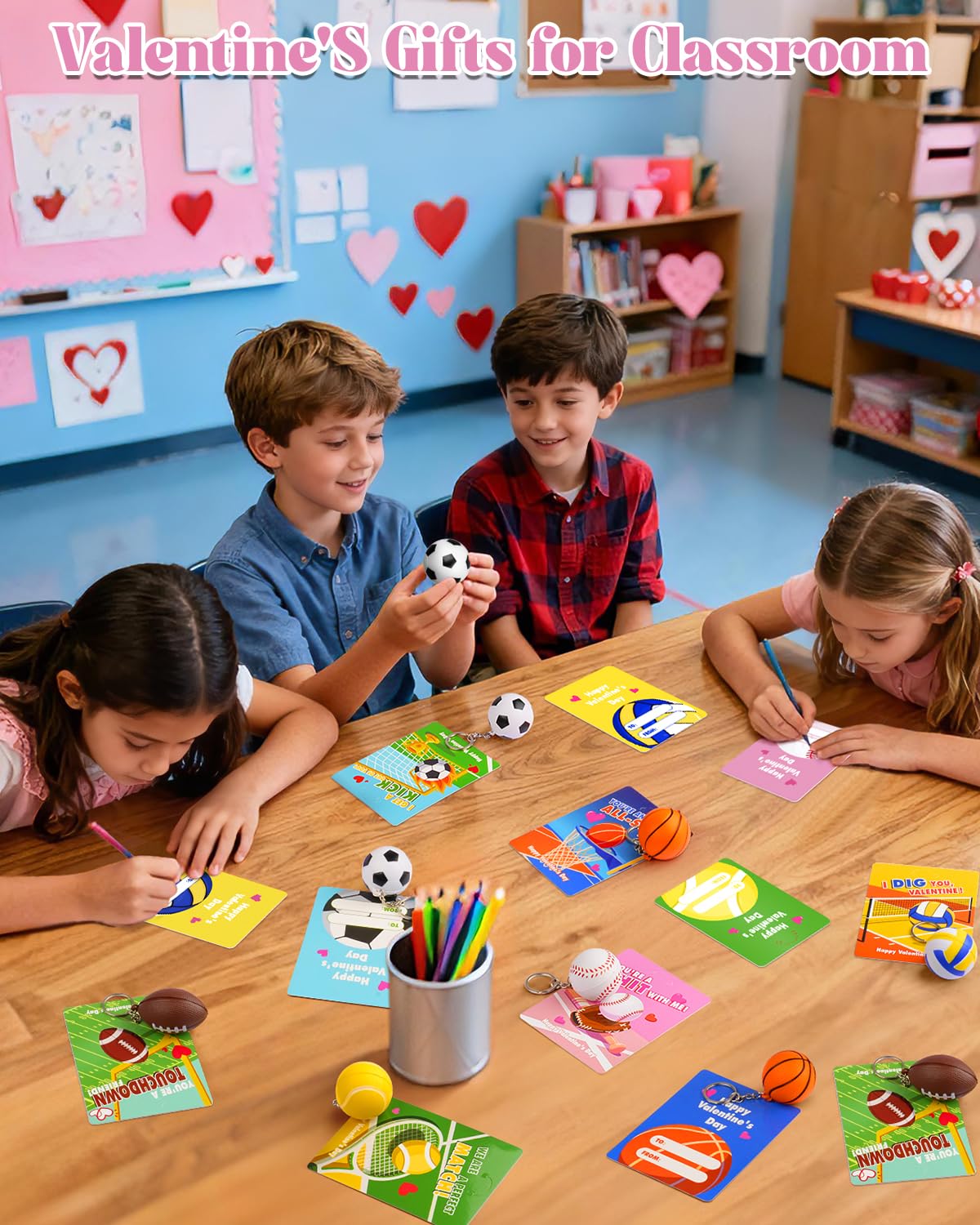 BebouToye Valentines Day Sports Cards & Stress Ball Keychains – 24 Pack for Classroom Exchanges
