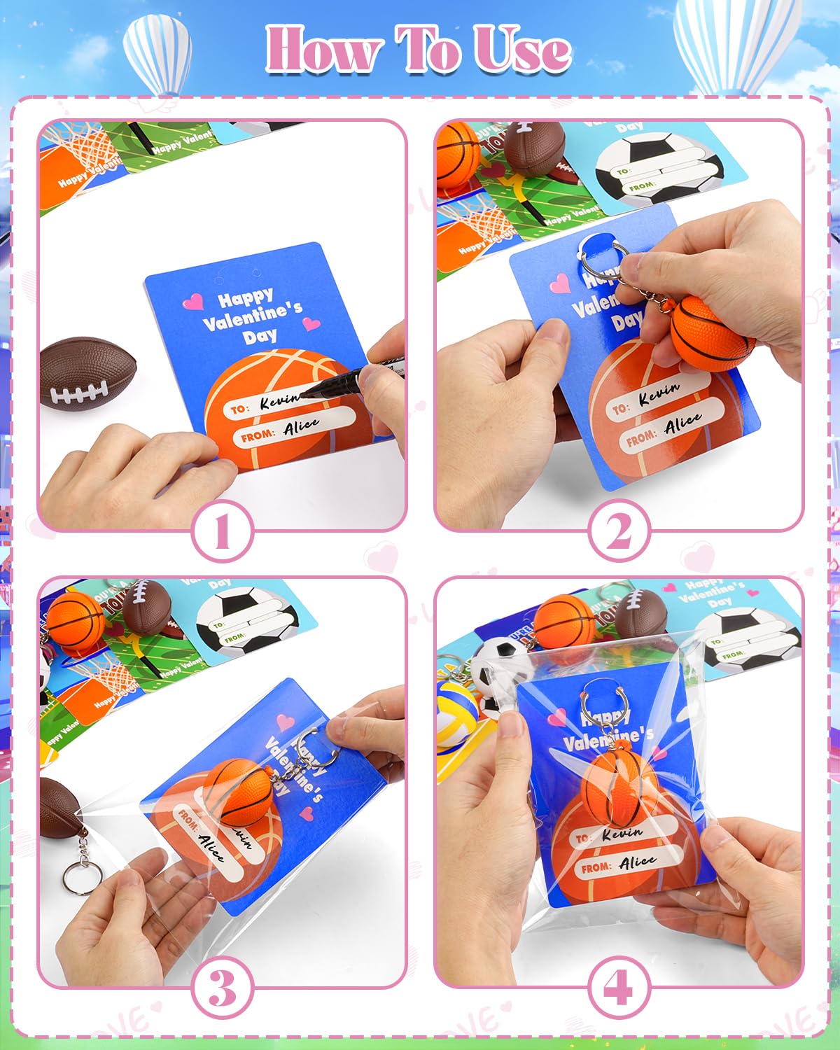 BebouToye Valentines Day Sports Cards & Stress Ball Keychains – 24 Pack for Classroom Exchanges