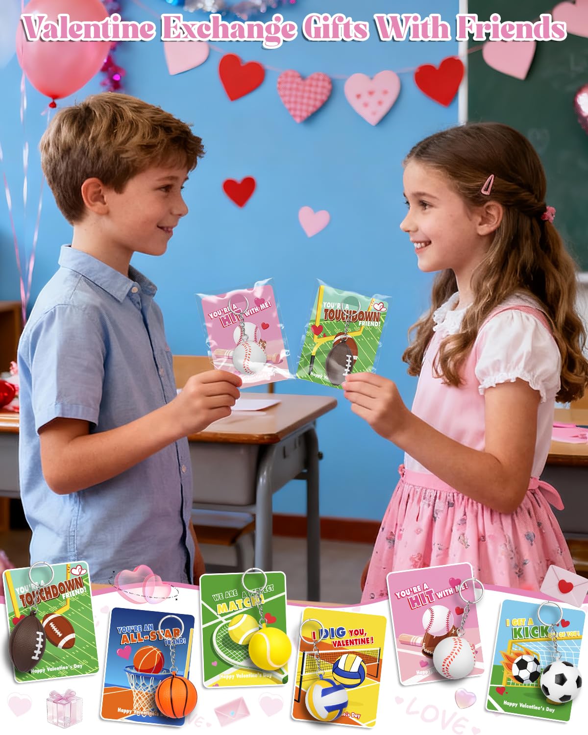 BebouToye Valentines Day Sports Cards & Stress Ball Keychains – 24 Pack for Classroom Exchanges