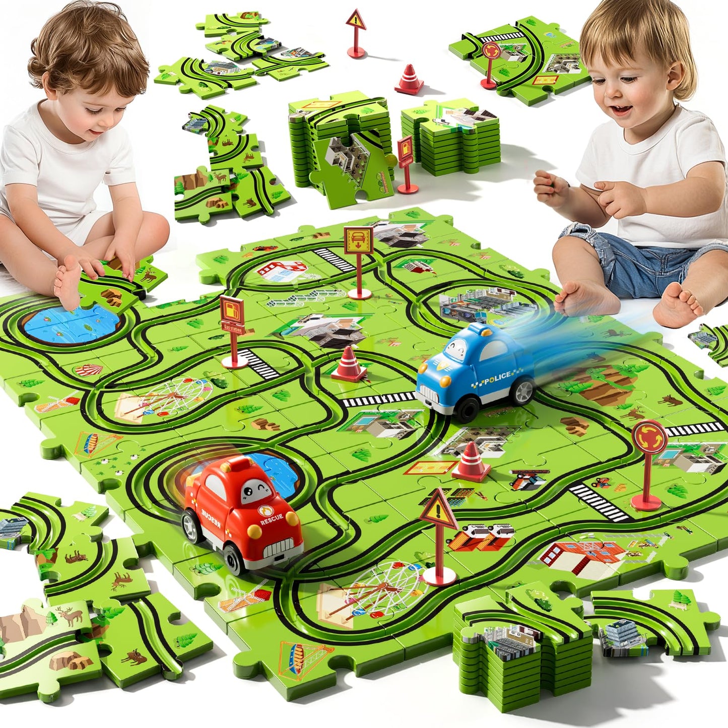 Beby Buty 48PCS Puzzle Race Track Car Set – Floor Toy for Toddlers & Kids Ages 3-6