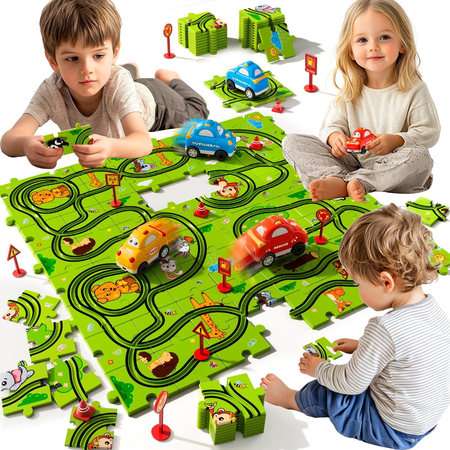 Beby Buty 64PCS Puzzle Race Track Car Set – Kids Floor Toy for Ages 3-6