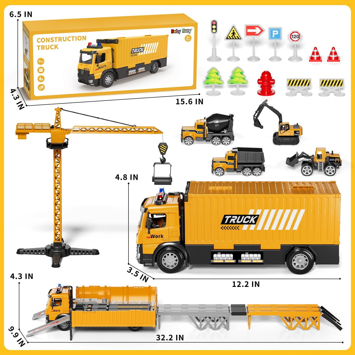 Beby Buty Carrier Truck Race Track Toy Set – 3-in-1 Construction Truck with Tower Crane, Light & Sound
