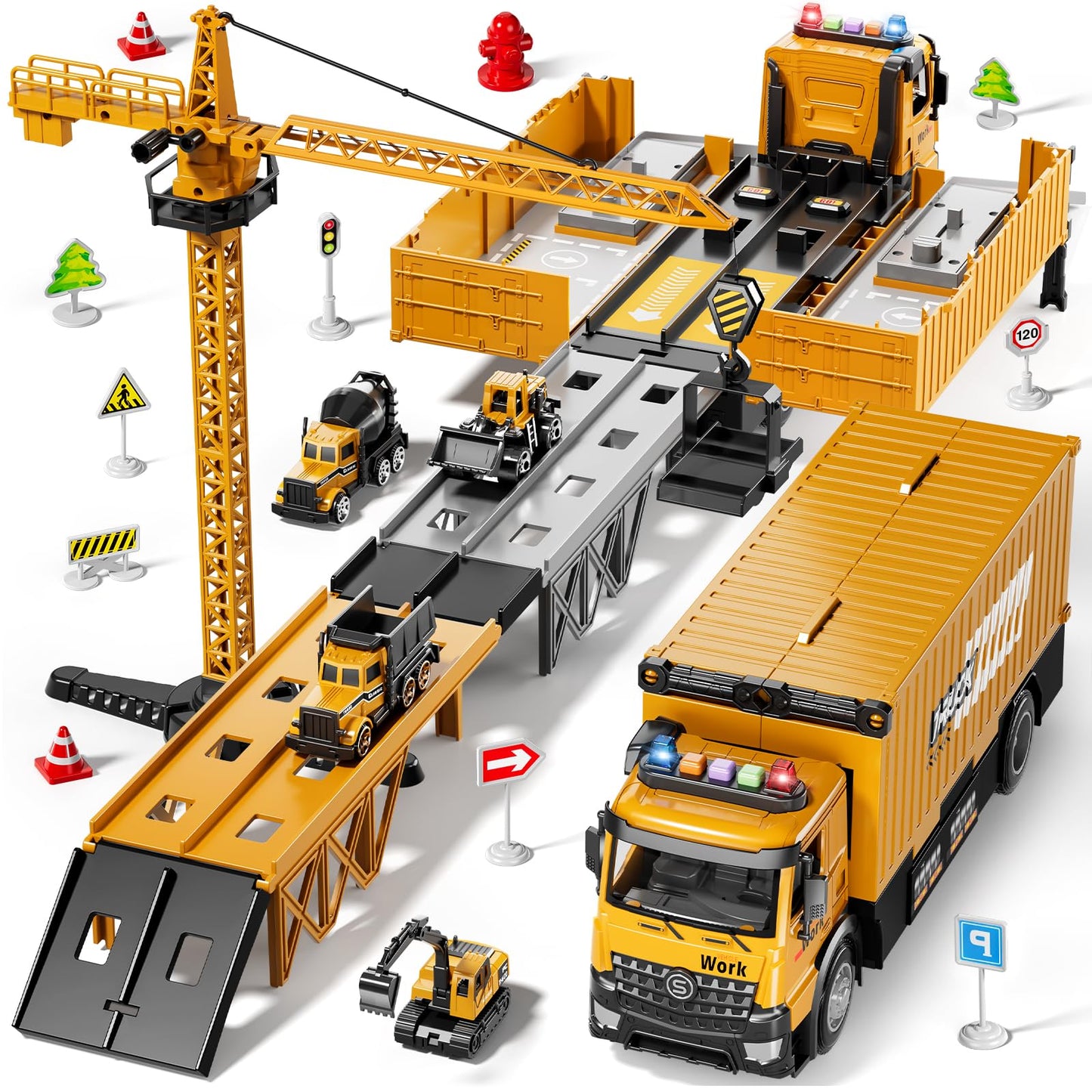Beby Buty Carrier Truck Race Track Toy Set – 3-in-1 Construction Truck with Tower Crane, Light & Sound
