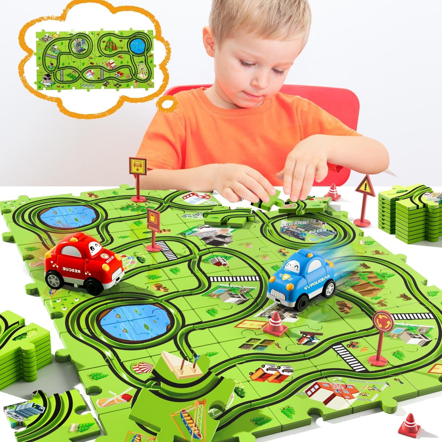 Beby Buty 48PCS Puzzle Race Track Car Set – Floor Toy for Toddlers & Kids Ages 3-6