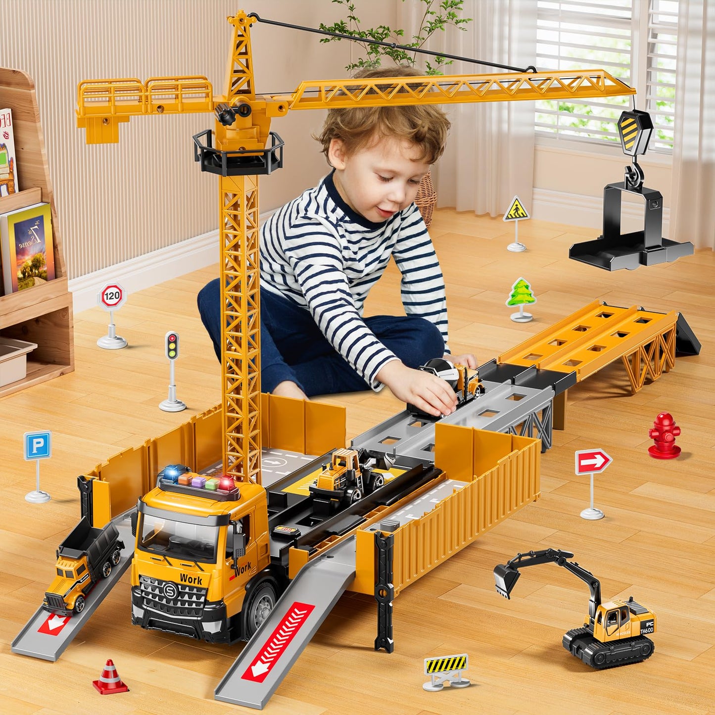 Beby Buty Carrier Truck Race Track Toy Set – 3-in-1 Construction Truck with Tower Crane, Light & Sound