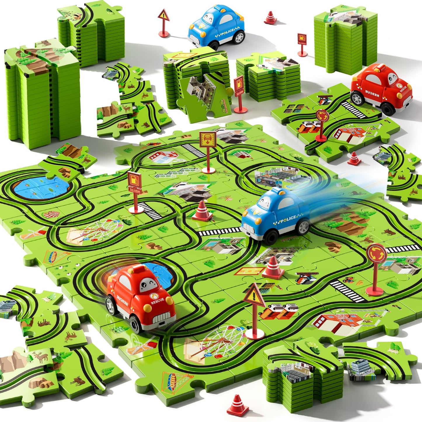 Beby Buty 48PCS Puzzle Race Track Car Set – Floor Toy for Toddlers & Kids Ages 3-6