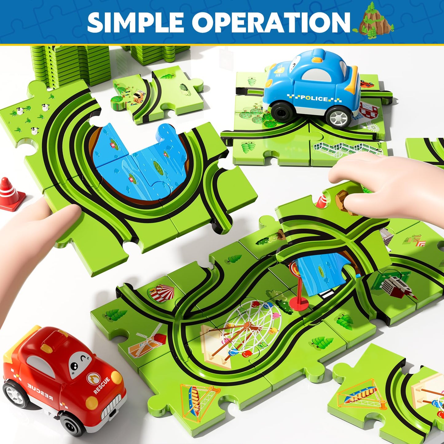 Beby Buty 48PCS Puzzle Race Track Car Set – Floor Toy for Toddlers & Kids Ages 3-6