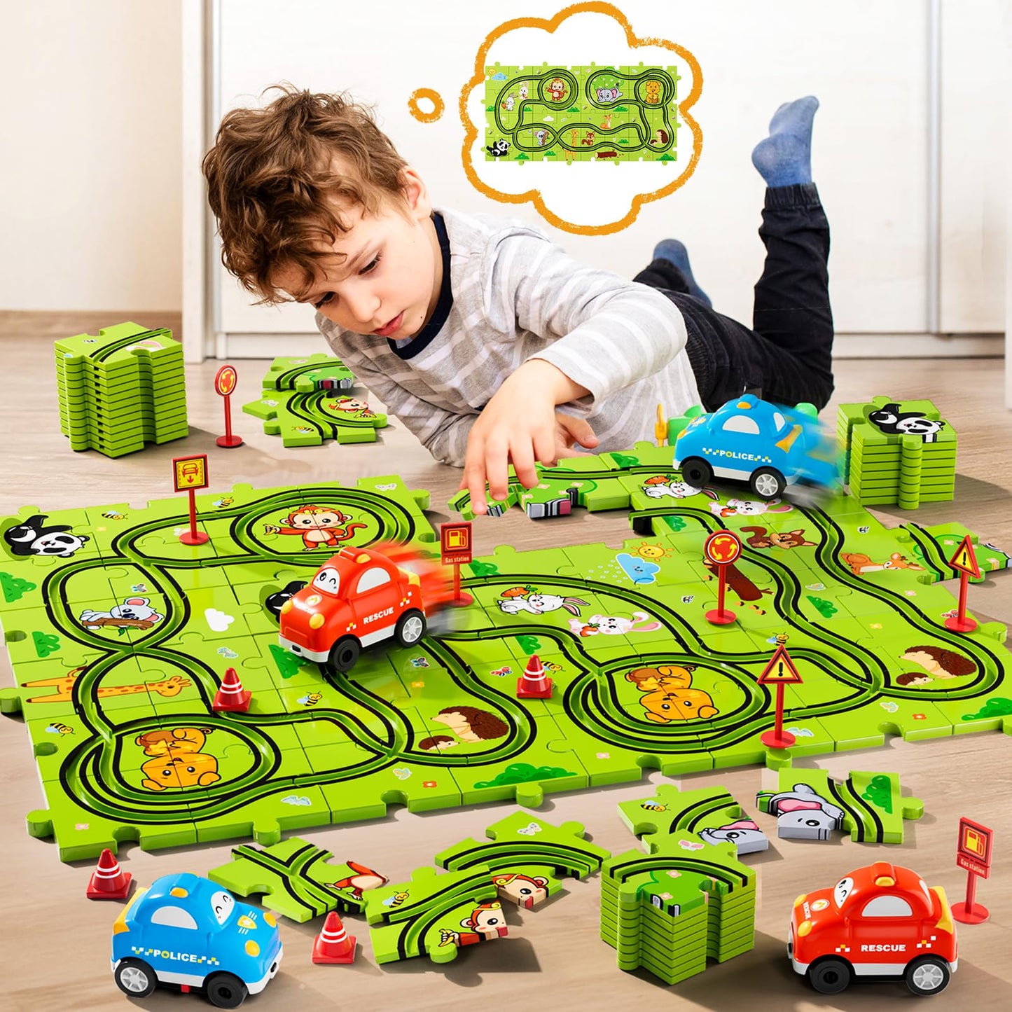 Beby Buty 48-Piece Puzzle Race Track Car Set for Kids | Floor Toy for Ages 3-6