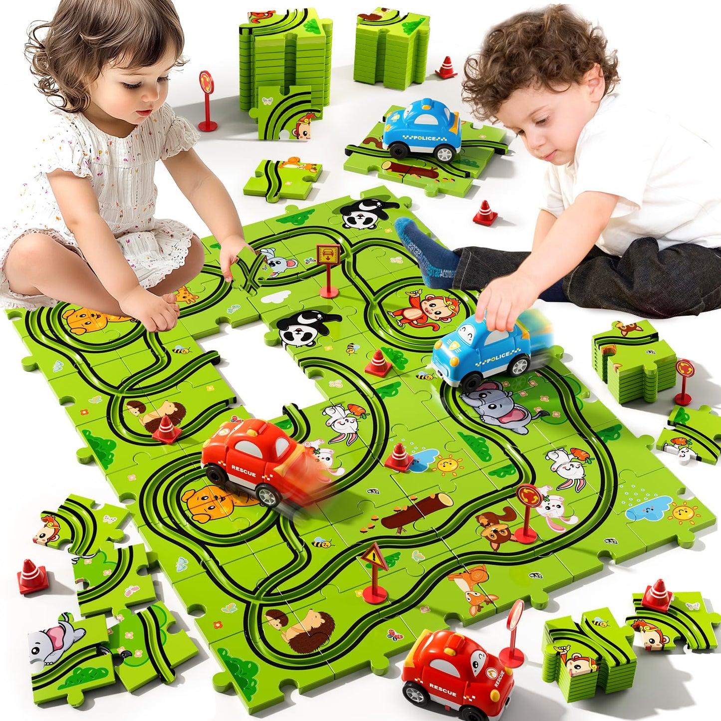 Beby Buty 48-Piece Puzzle Race Track Car Set for Kids | Floor Toy for Ages 3-6
