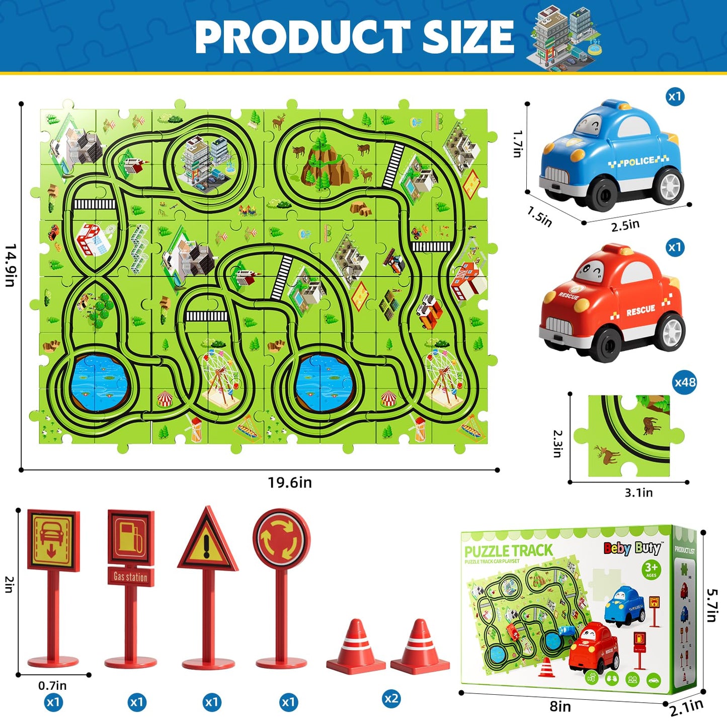 Beby Buty 48PCS Puzzle Race Track Car Set – Floor Toy for Toddlers & Kids Ages 3-6