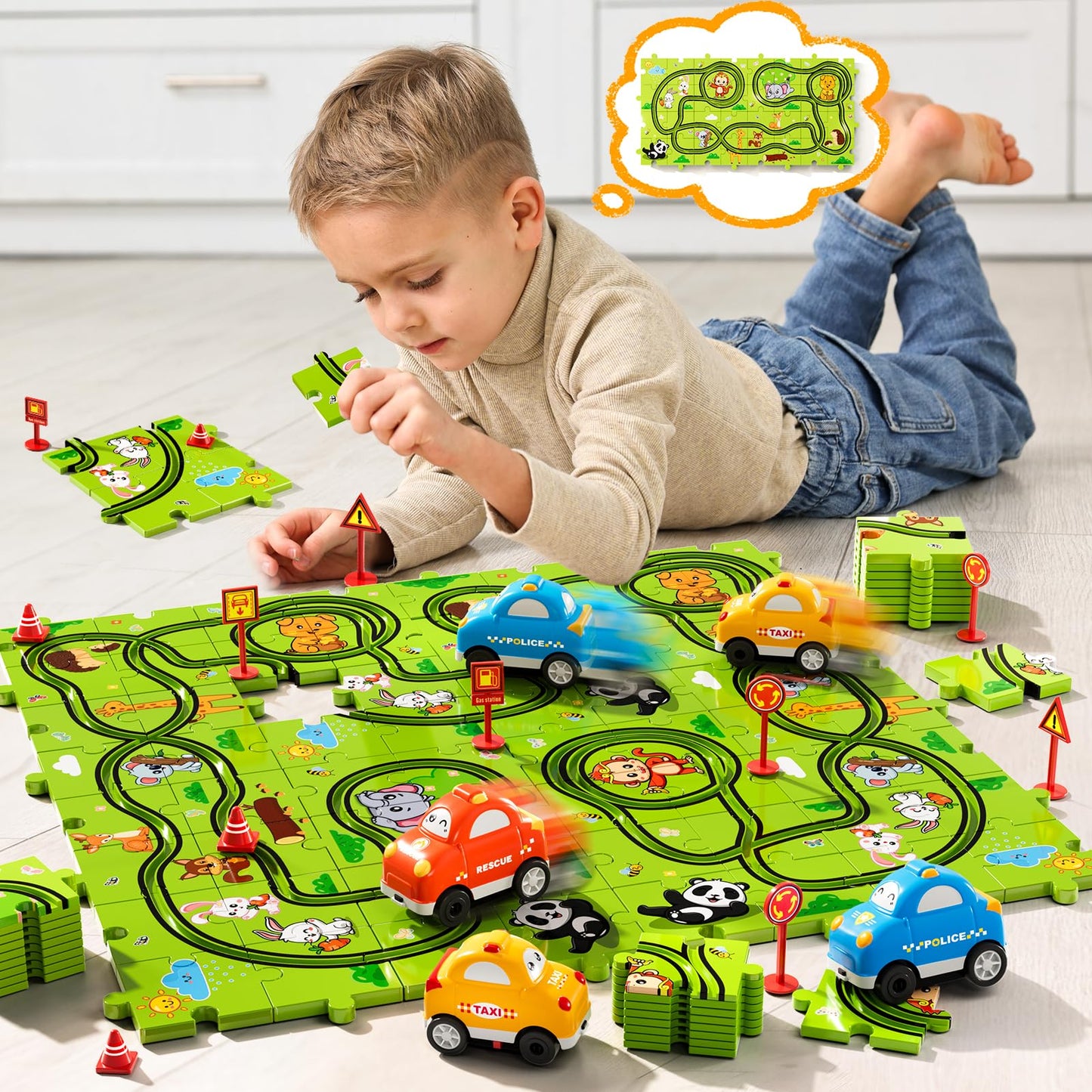 Beby Buty 64PCS Puzzle Race Track Car Set – Kids Floor Toy for Ages 3-6
