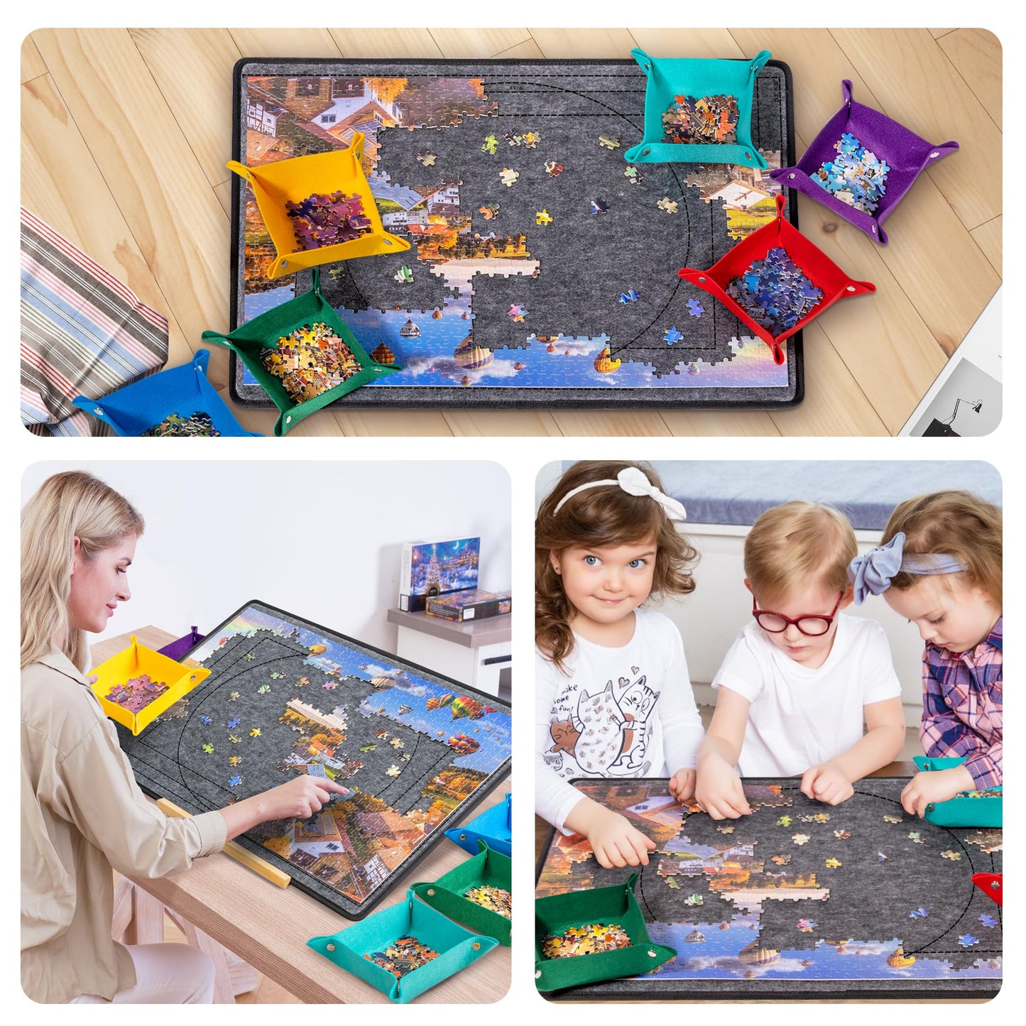 Becko US 1000-Piece Puzzle Board with 6 Sorting Trays & Felt Cover – Foldable & Portable