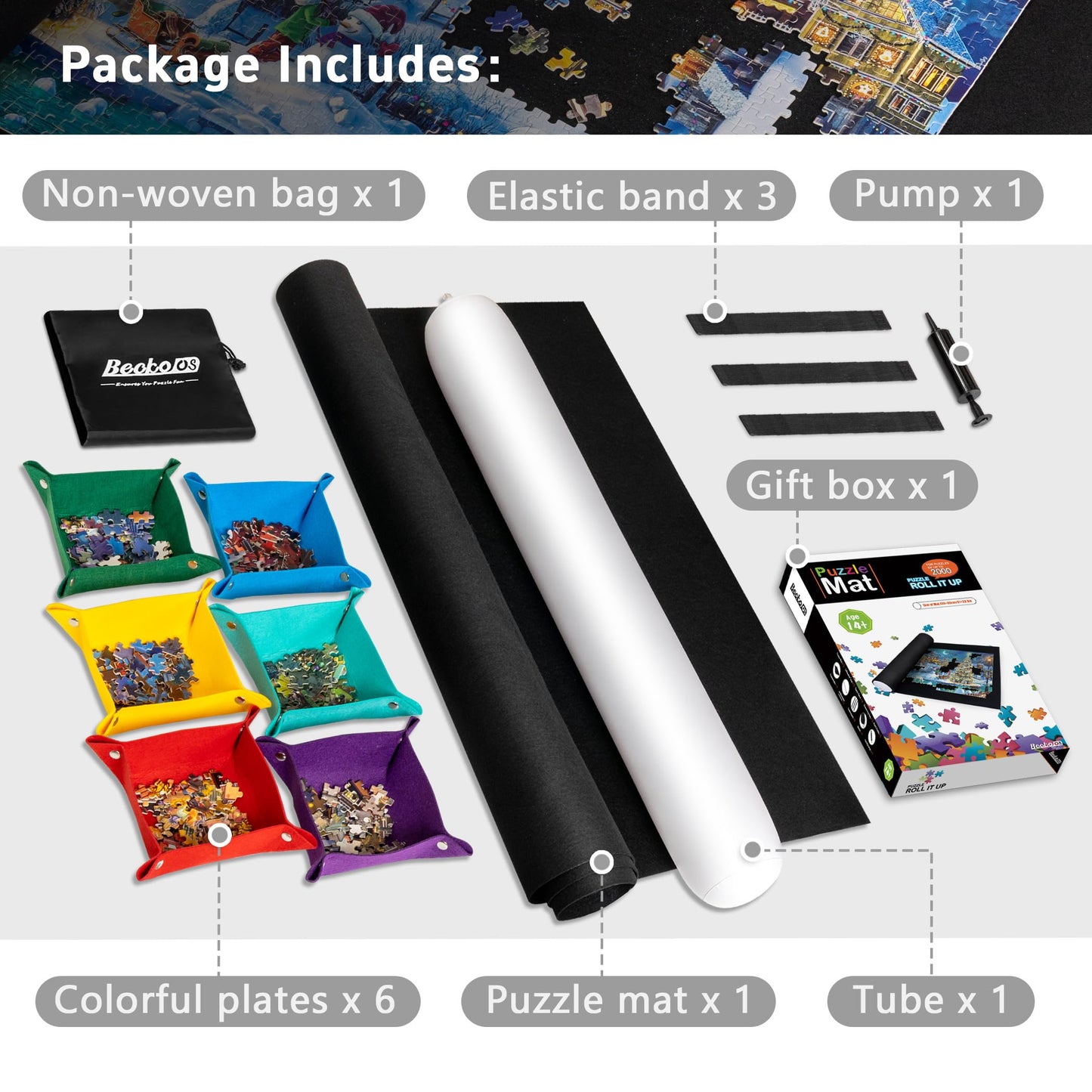 Becko US 2000-Piece Puzzle Mat Roll-Up with 6 Sorting Trays