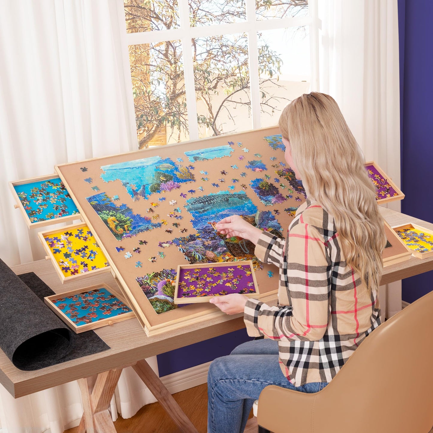 Becko US 2000-Piece Tilting Jigsaw Puzzle Board with 6 Drawers, Cover, and 5-Angle Stand