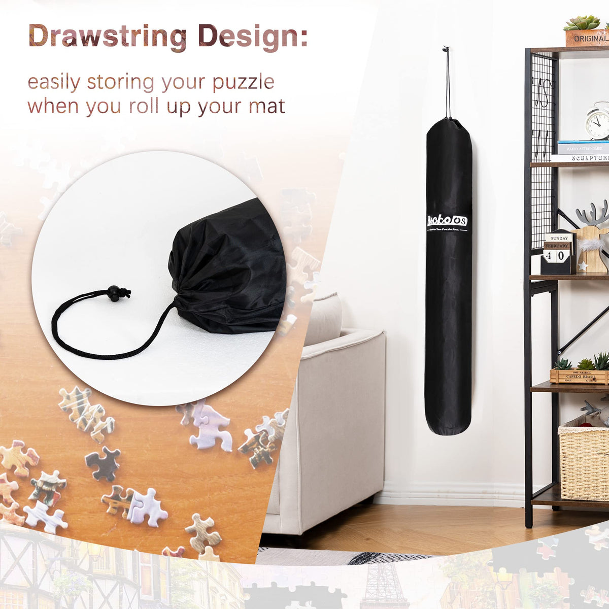 Becko US 2000-Piece Puzzle Mat Roll-Up with Pump & Drawstring Bag – Black Felt Puzzle Saver