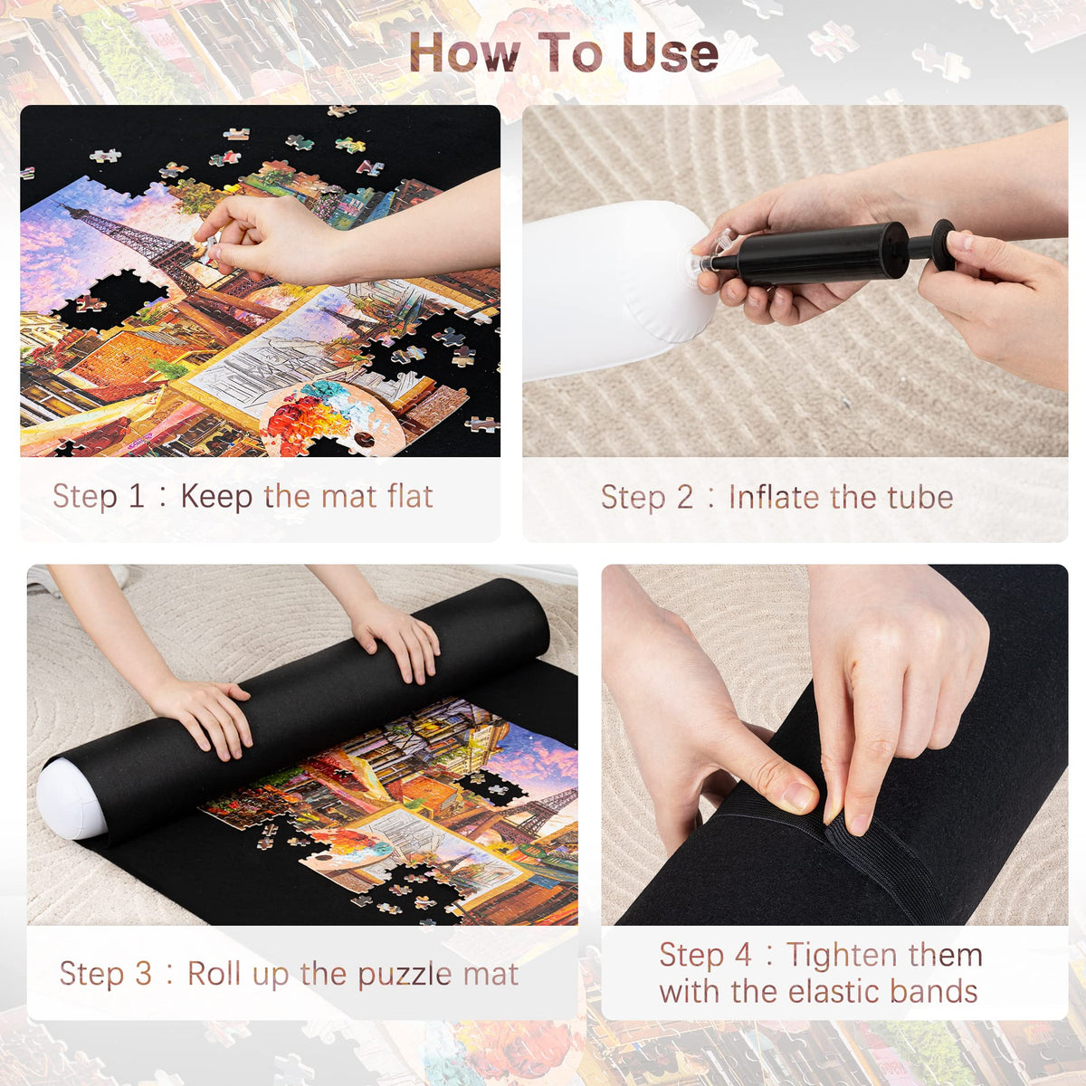 Becko US 2000-Piece Puzzle Mat Roll-Up with Pump & Drawstring Bag – Black Felt Puzzle Saver