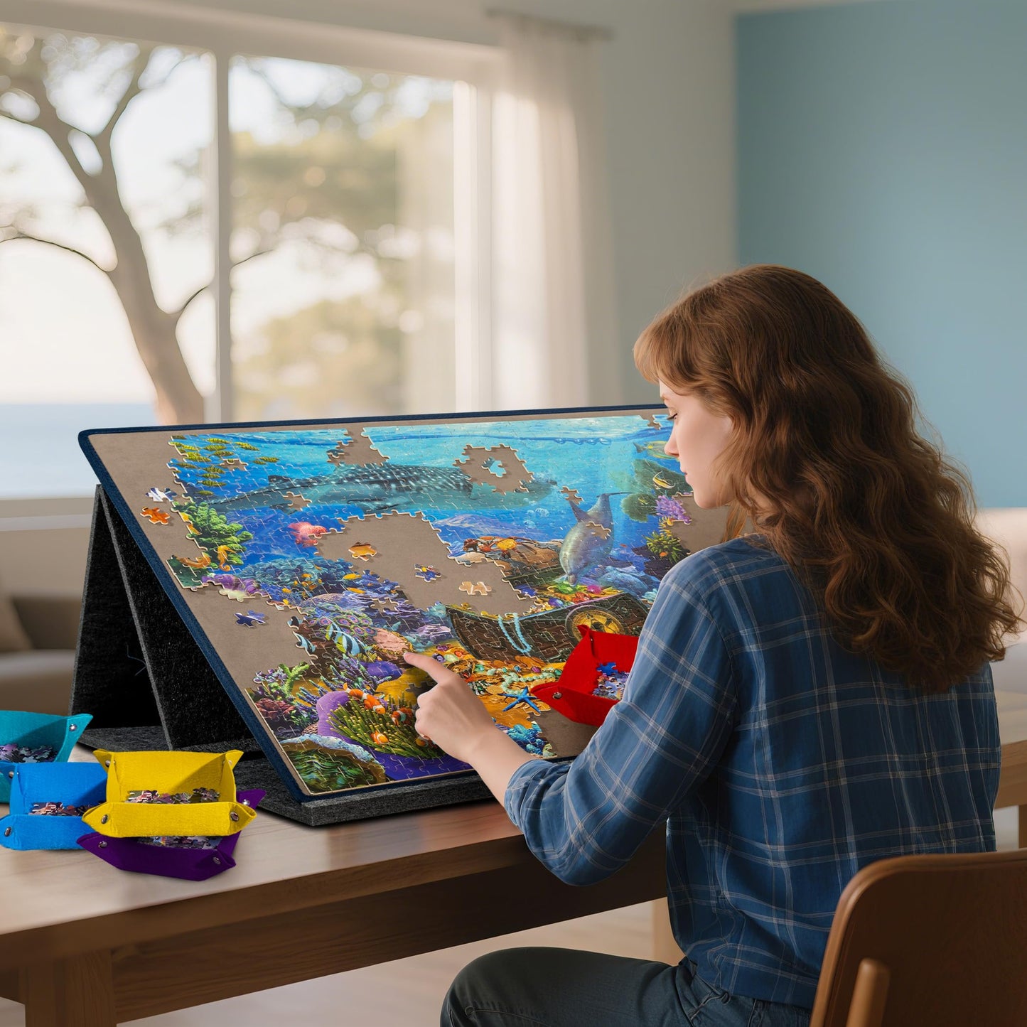 Becko US 1000 Piece Tilting Puzzle Board with 6 Trays & Cover | Adjustable Table and Stand Gray