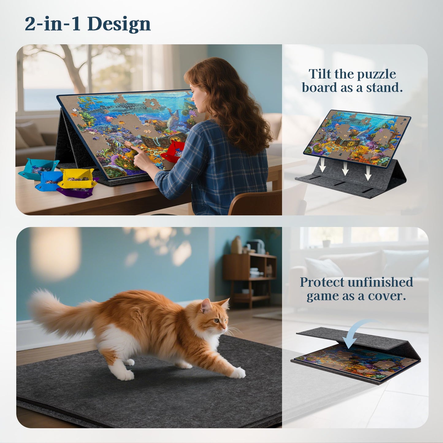 Becko US 1000 Piece Tilting Puzzle Board with 6 Trays & Cover | Adjustable Table and Stand Gray