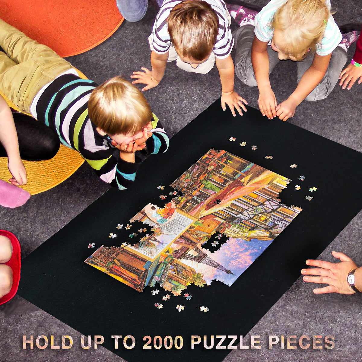 Becko US 2000-Piece Puzzle Mat Roll-Up with Pump & Drawstring Bag – Black Felt Puzzle Saver