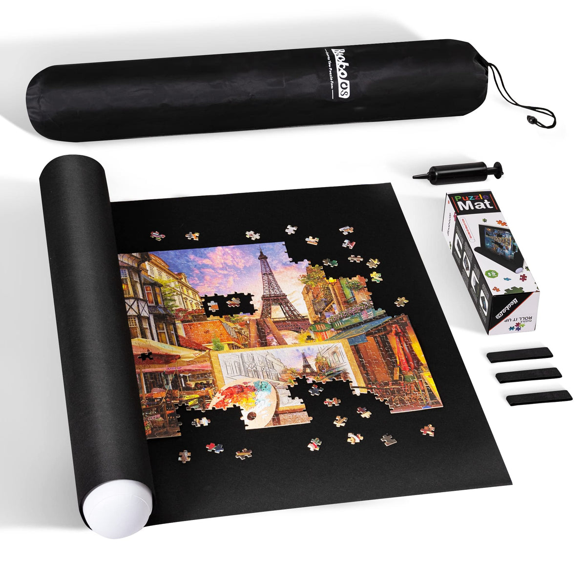 Becko US 2000-Piece Puzzle Mat Roll-Up with Pump & Drawstring Bag – Black Felt Puzzle Saver