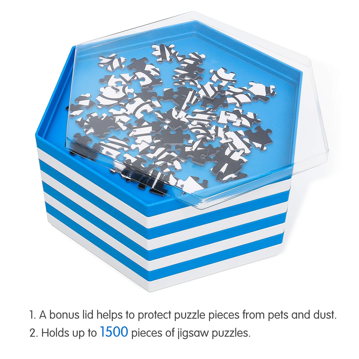 Becko US Stackable Puzzle Sorting Trays with Lid – 8 Hexagonal Trays in White & Blue, Fits Puzzles Up to 1500 Pieces