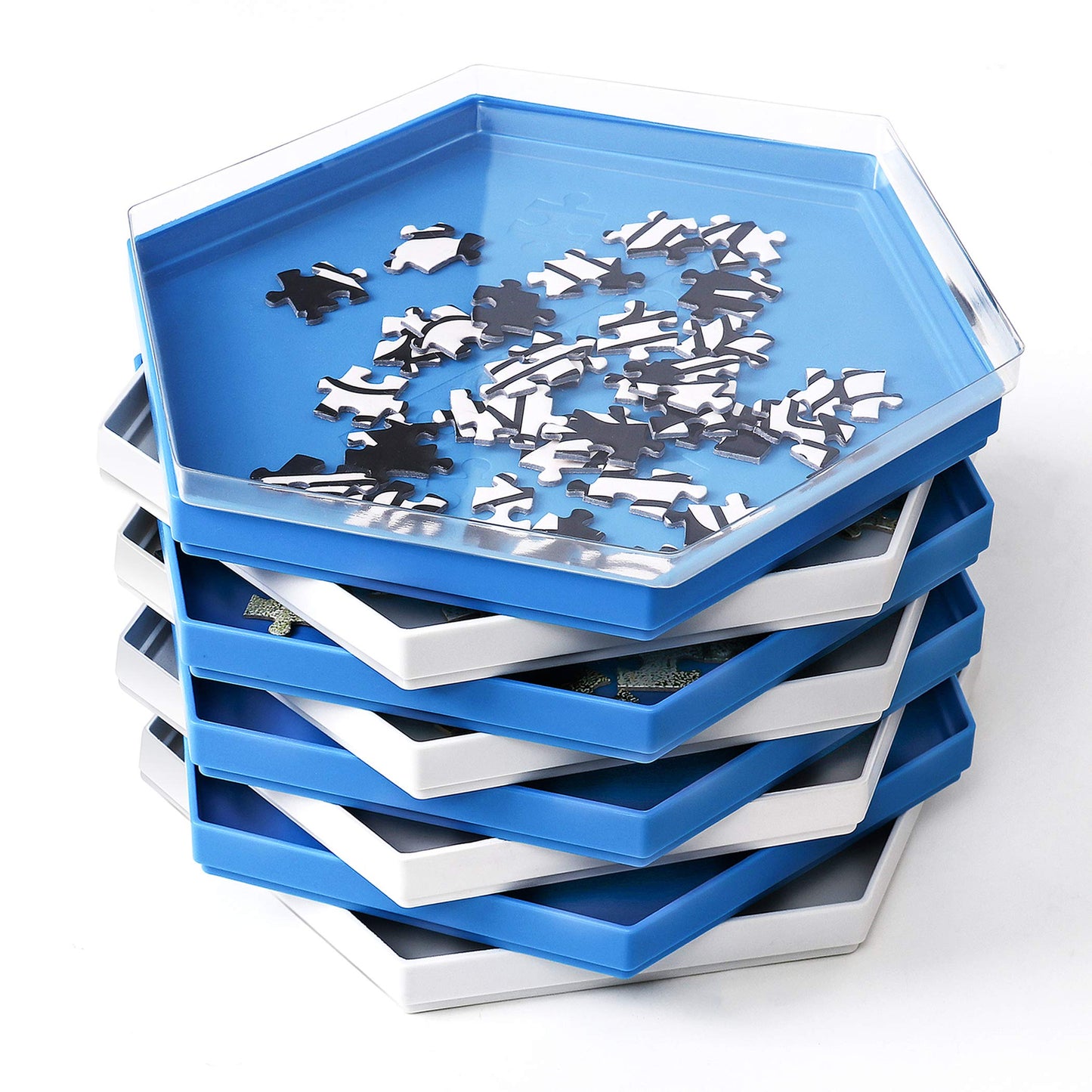 Becko US Stackable Puzzle Sorting Trays with Lid – 8 Hexagonal Trays in White & Blue, Fits Puzzles Up to 1500 Pieces