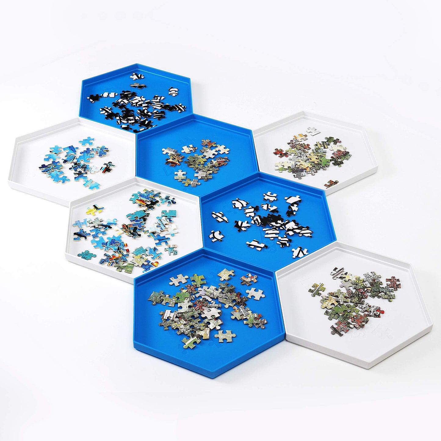 Becko US Stackable Puzzle Sorting Trays with Lid – 8 Hexagonal Trays in White & Blue, Fits Puzzles Up to 1500 Pieces