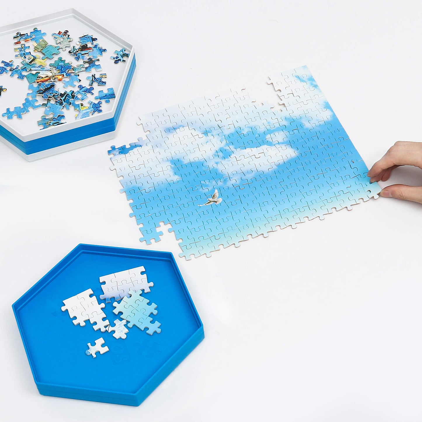 Becko US Stackable Puzzle Sorting Trays with Lid – 8 Hexagonal Trays in White & Blue, Fits Puzzles Up to 1500 Pieces