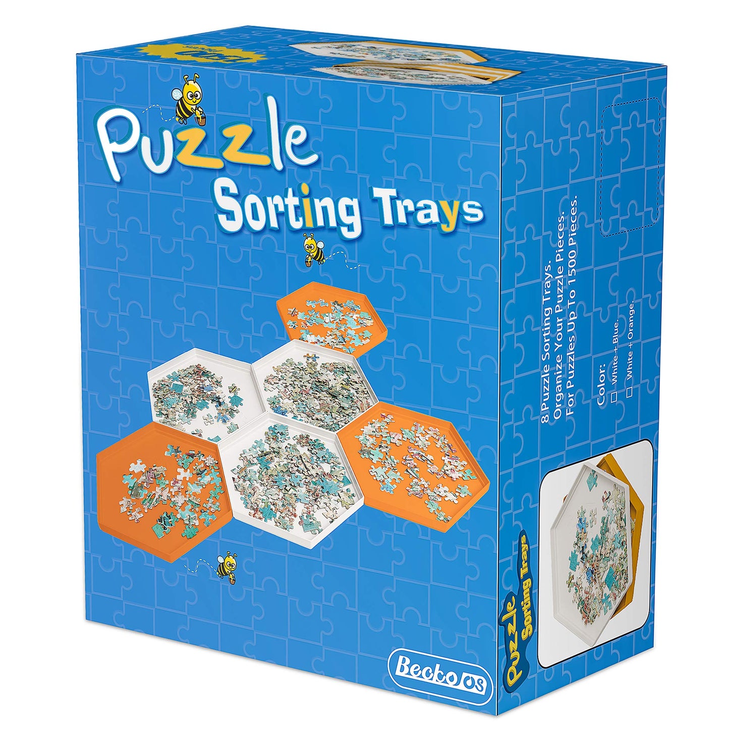 Becko US Stackable Puzzle Sorting Trays with Lid – 8 Hexagonal Trays in White & Blue, Fits Puzzles Up to 1500 Pieces