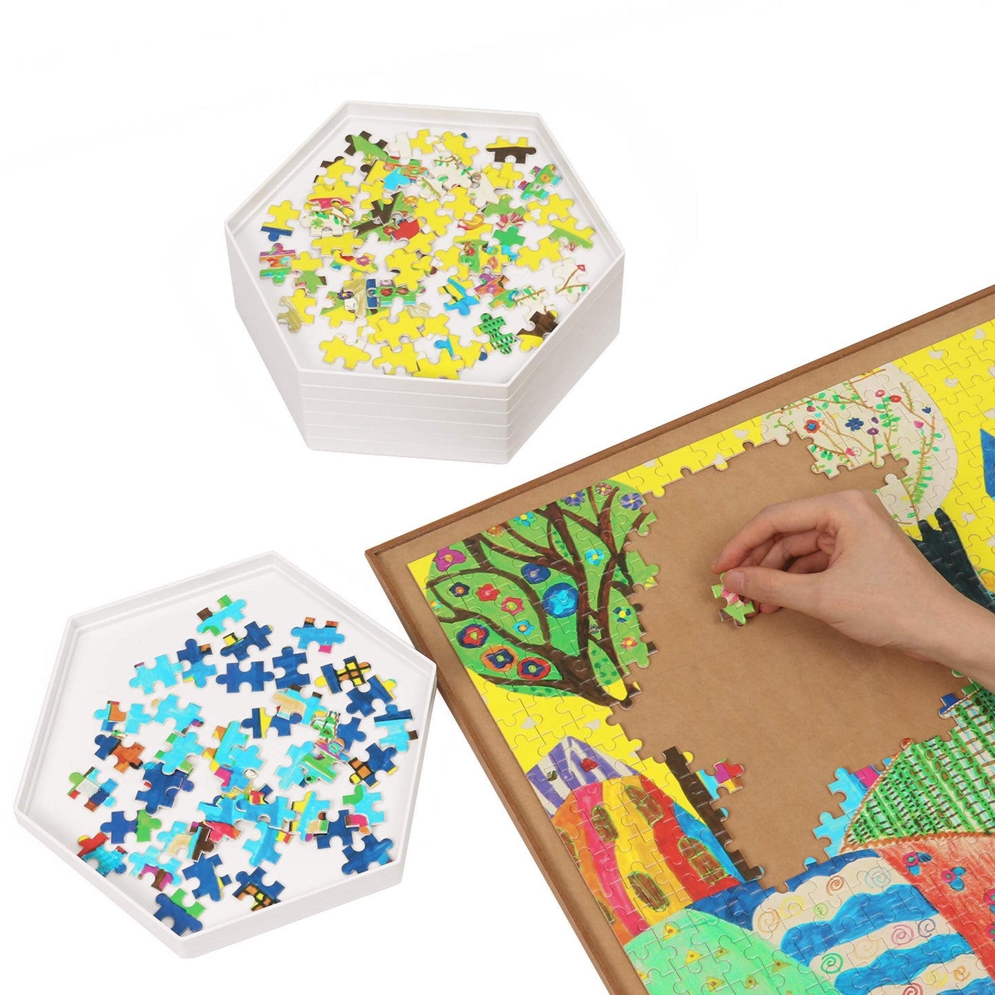 Becko US Stackable Puzzle Sorting Trays with Lid – 8 White ABS Hexagonal Sorters for Puzzles Up to 1500 Pieces