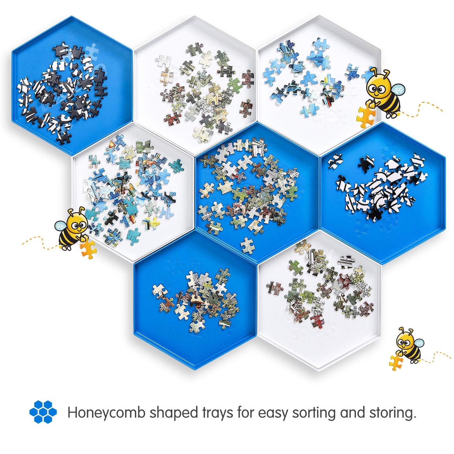 Becko US Stackable Puzzle Sorting Trays with Lid – 8 Hexagonal Trays in White & Blue, Fits Puzzles Up to 1500 Pieces