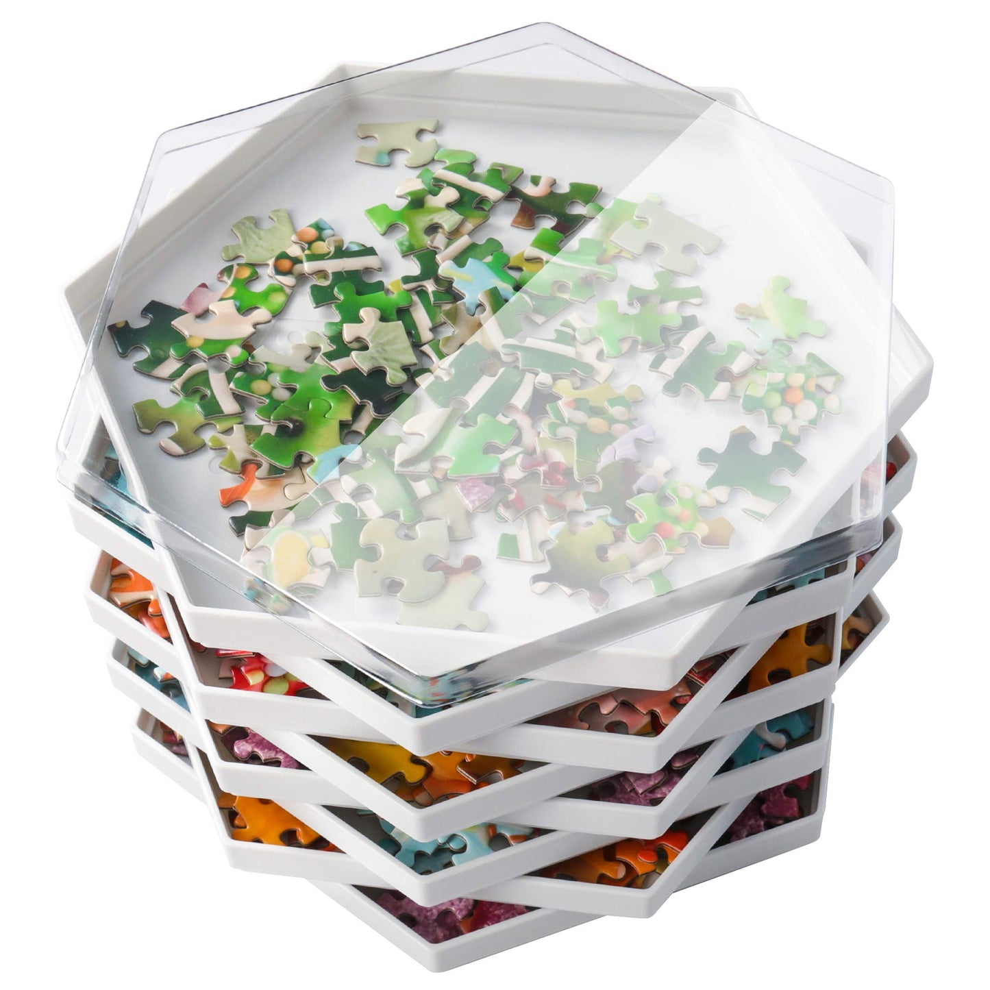 Becko US Stackable Puzzle Sorting Trays with Lid – 8 White ABS Hexagonal Sorters for Puzzles Up to 1500 Pieces