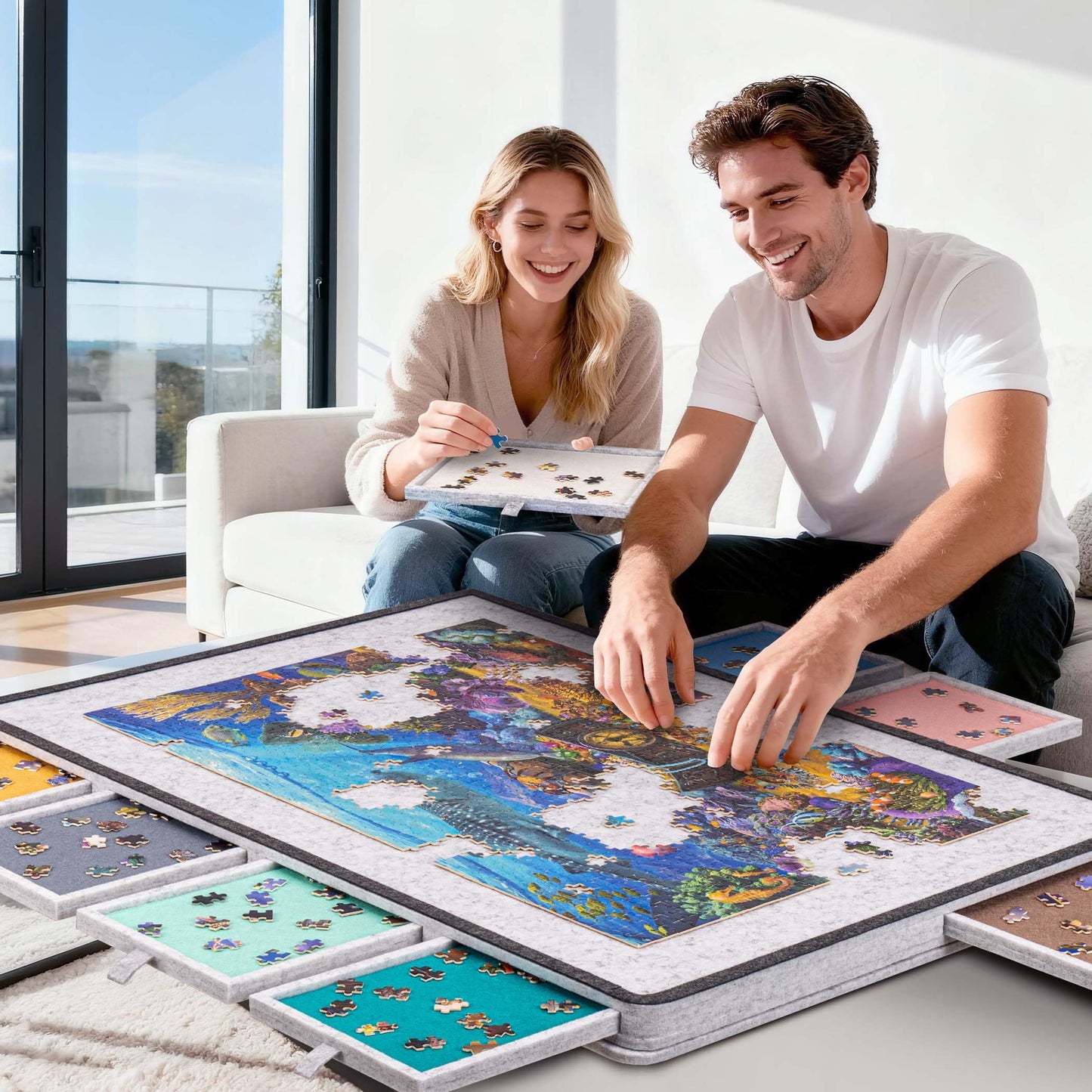 Becko US Tilting Puzzle Board with 2-in-1 Stand & Cover, Lightweight Felt Storage, 8 Drawers for 1500-Piece Puzzles