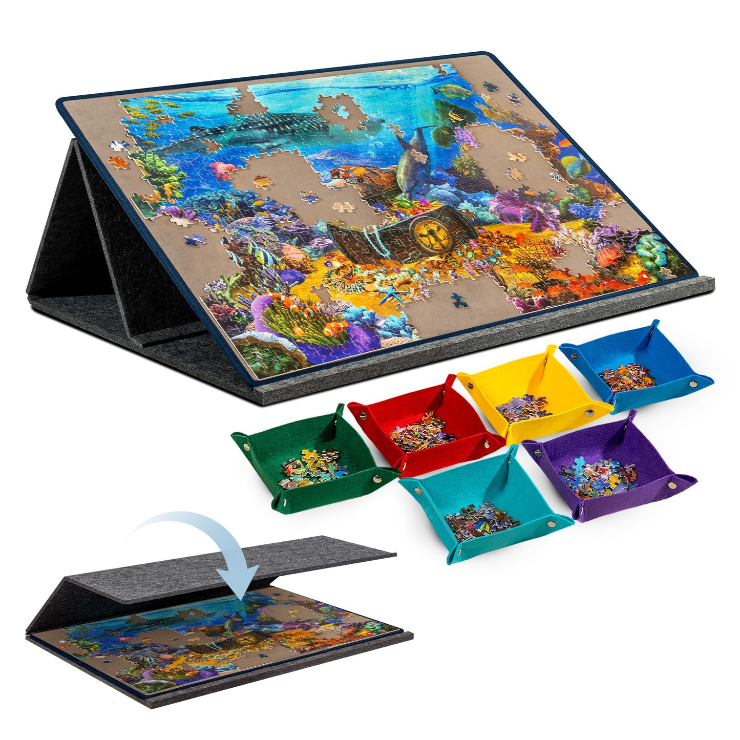 Becko US 1000 Piece Tilting Puzzle Board with 6 Trays & Cover | Adjustable Table and Stand Gray